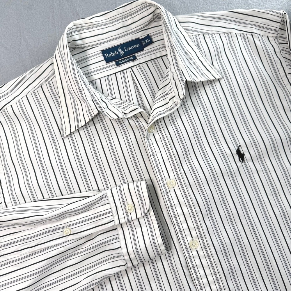 Ralph Lauren Button Down Shirt Mens XL White Black Striped Classic Fit Office
